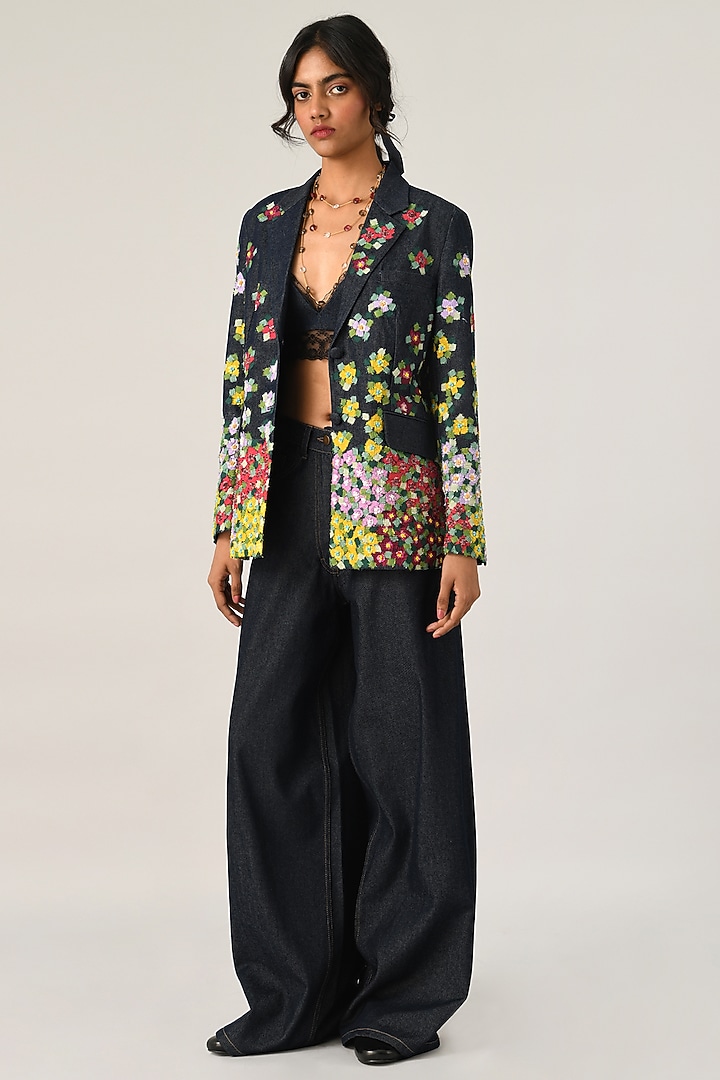 Blue Denim Embroidered Jacket by Payal Pratap at Pernia's Pop Up Shop