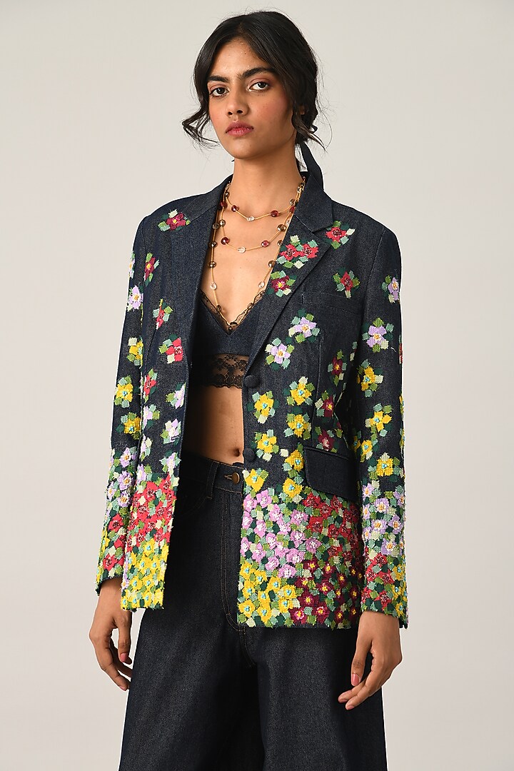 Blue Denim Embroidered Jacket by Payal Pratap at Pernia's Pop Up Shop