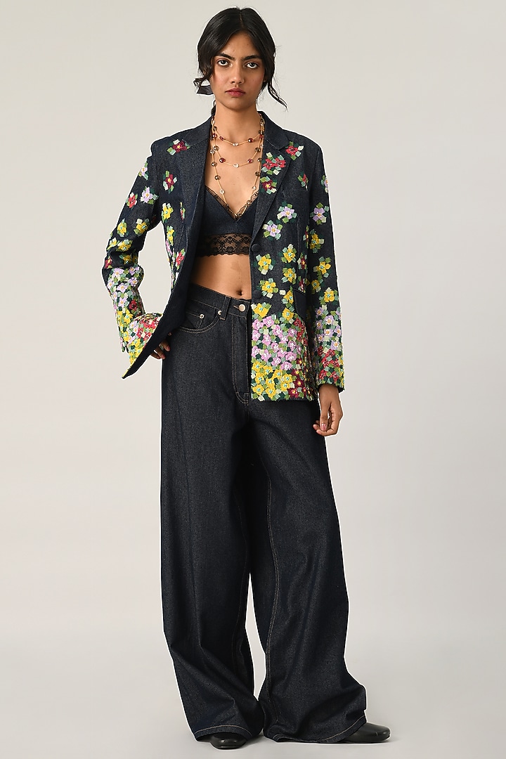 Blue Denim Embroidered Jacket by Payal Pratap at Pernia's Pop Up Shop