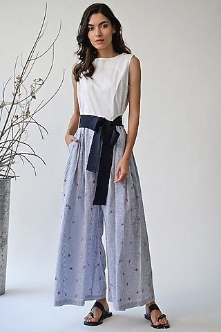 White & Blue Striped Jumpsuit by Payal Pratap