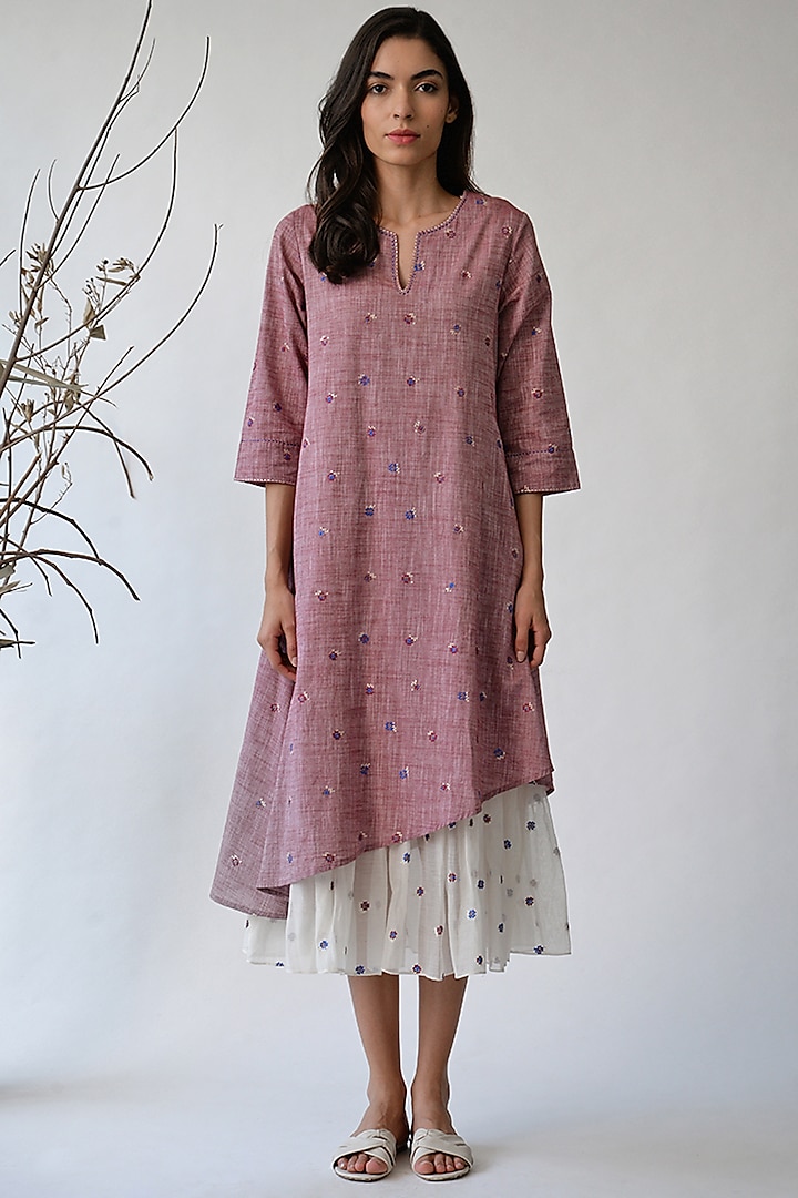 Burgundy Embroidered Asymmetric Dress by Umbar by Payal Pratap