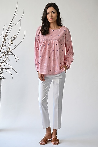 Ecru & Pink Pinstriped Top by Umbar by Payal Pratap