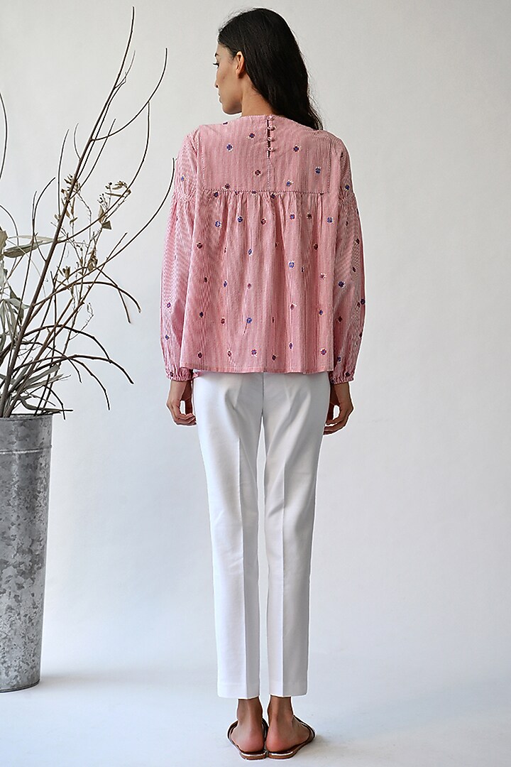 Ecru & Pink Pinstriped Top by Umbar by Payal Pratap at Pernia's Pop Up Shop