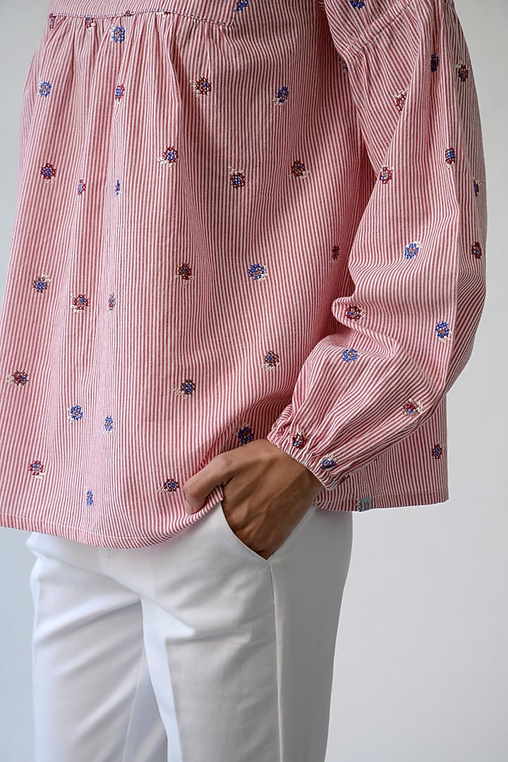 Ecru & Pink Pinstriped Top by Umbar by Payal Pratap at Pernia's Pop Up Shop