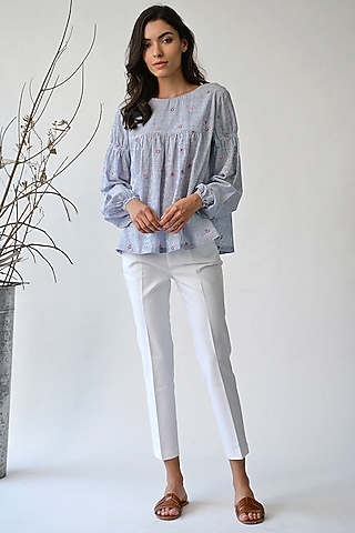 Ecru & Blue Pinstriped Top by Umbar by Payal Pratap