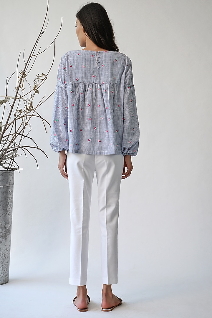 Ecru & Blue Pinstriped Top by Umbar by Payal Pratap at Pernia's Pop Up Shop
