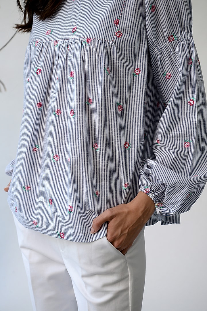 Ecru & Blue Pinstriped Top by Umbar by Payal Pratap at Pernia's Pop Up Shop