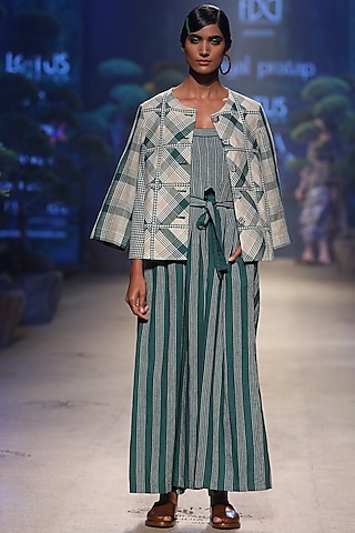 Green Striped Jumpsuit With Belt by Payal Pratap