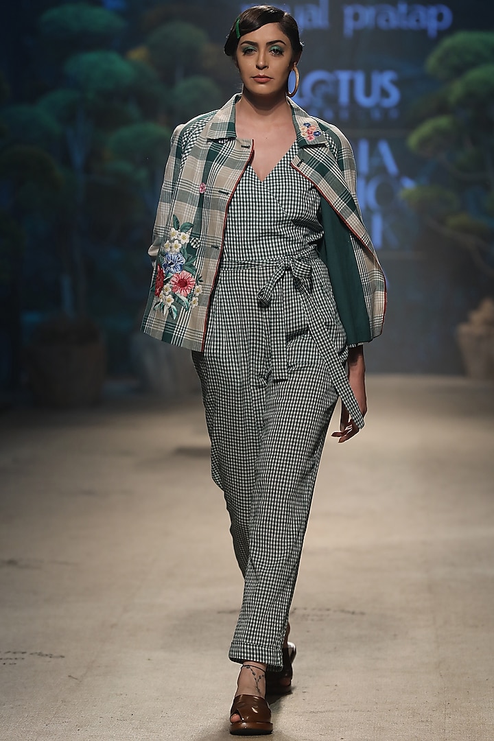 Green Checkered Jumpsuit With Belt by Payal Pratap