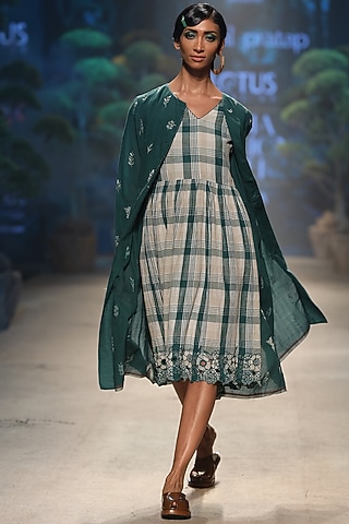 Green Checkered Dress With Cutwork by Payal Pratap