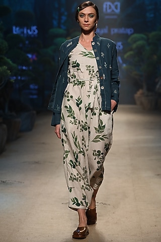 Ecru & Green Printed Jumpsuit by Payal Pratap