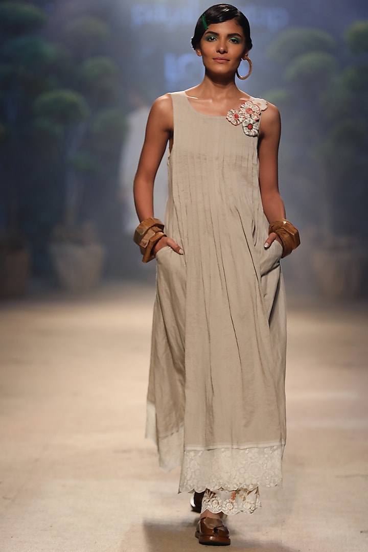 Beige Pleated Maxi Dress by Payal Pratap