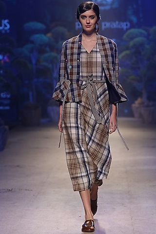 Blue & Brown Checkered Jumpsuit by Payal Pratap