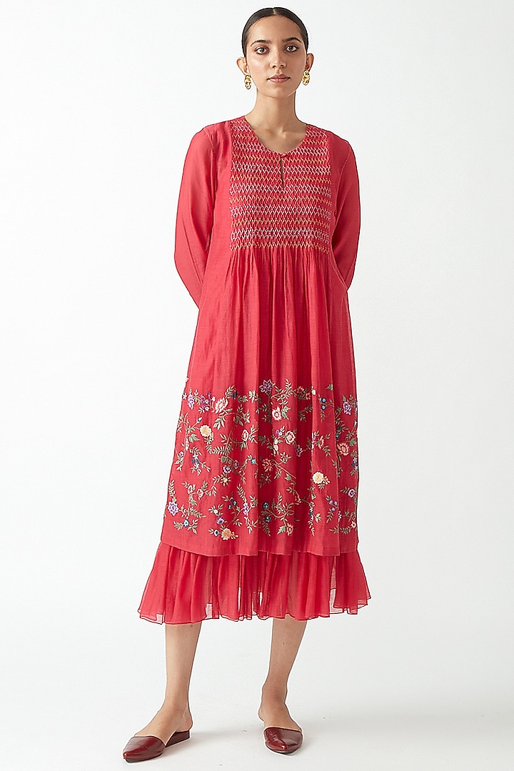 Fuchsia Embroidered Smocked Dress by Payal Pratap