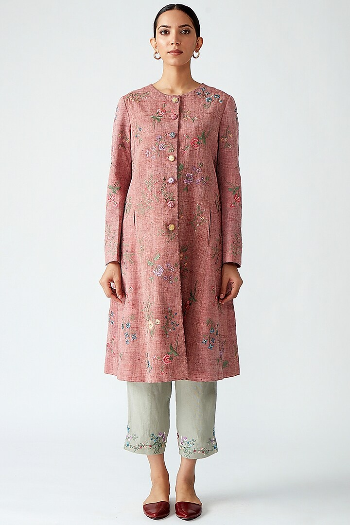 Onion Pink Embroidered Long Jacket by Payal Pratap