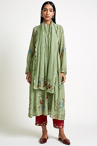 Sage Green Embroidered Scalloped Stole by Payal Pratap