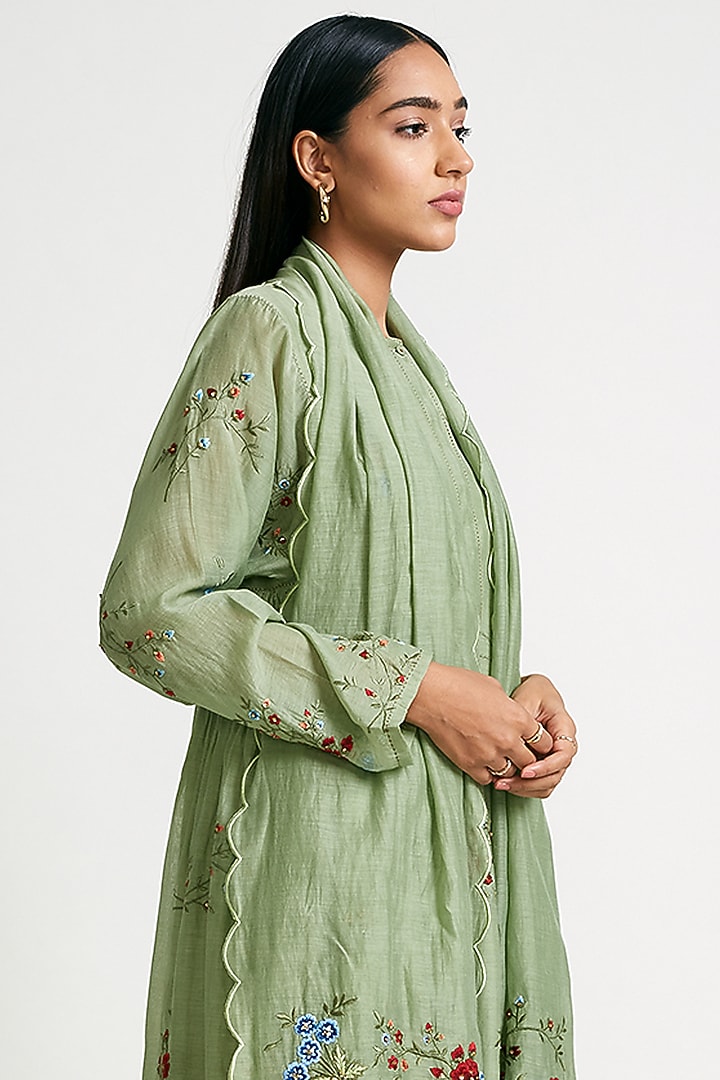Sage Green Embroidered Scalloped Stole by Payal Pratap at Pernia's Pop Up Shop