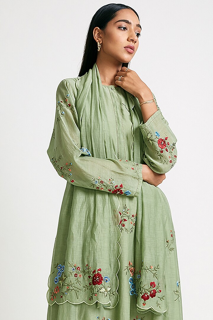 Sage Green Embroidered Scalloped Stole by Payal Pratap at Pernia's Pop Up Shop