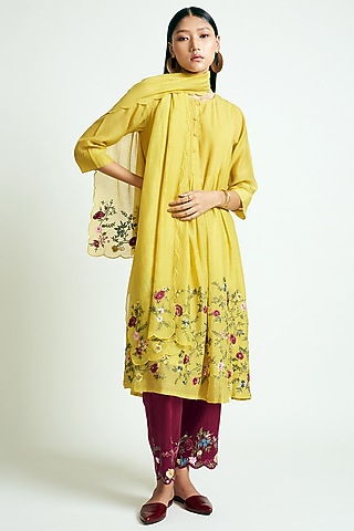 Mustard Embroidered Scalloped Stole by Payal Pratap
