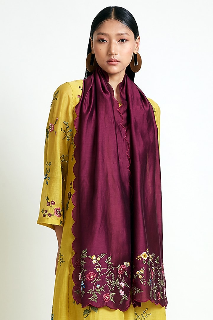 Plum Embroidered Scalloped Stole by Payal Pratap at Pernia's Pop Up Shop