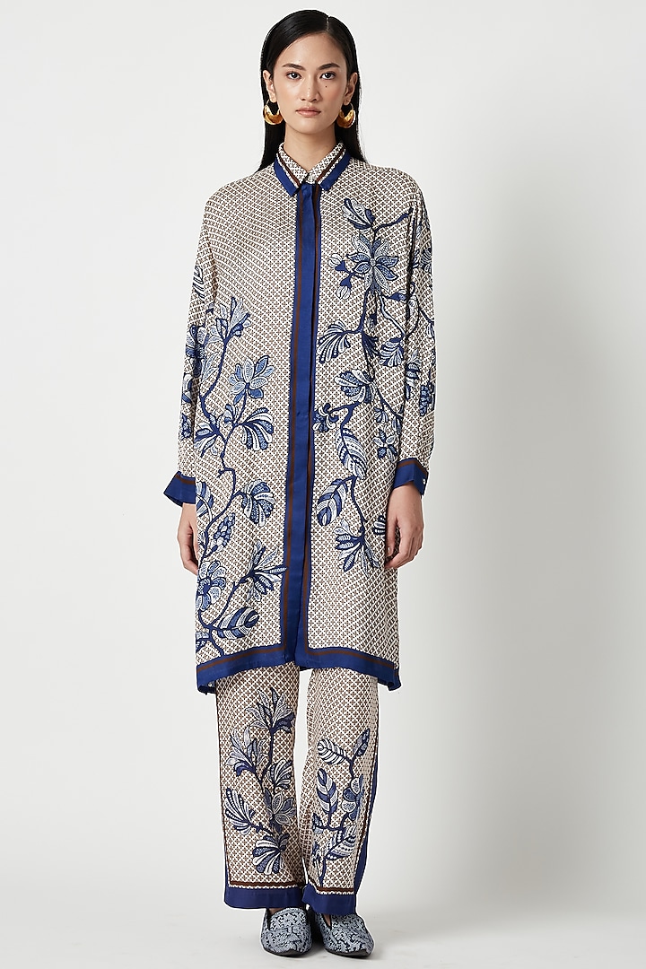 Brown & Blue Satin Printed Kurta Set by Payal Pratap