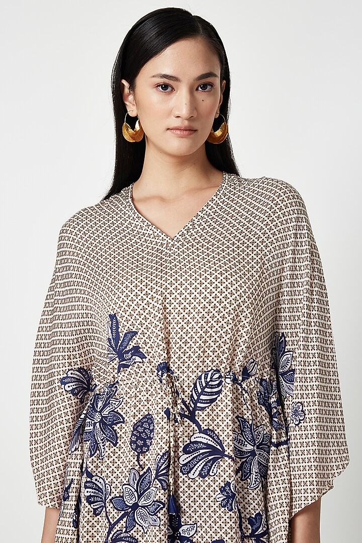Brown & Blue Linen Satin Printed Kaftan by Payal Pratap at Pernia's Pop Up Shop