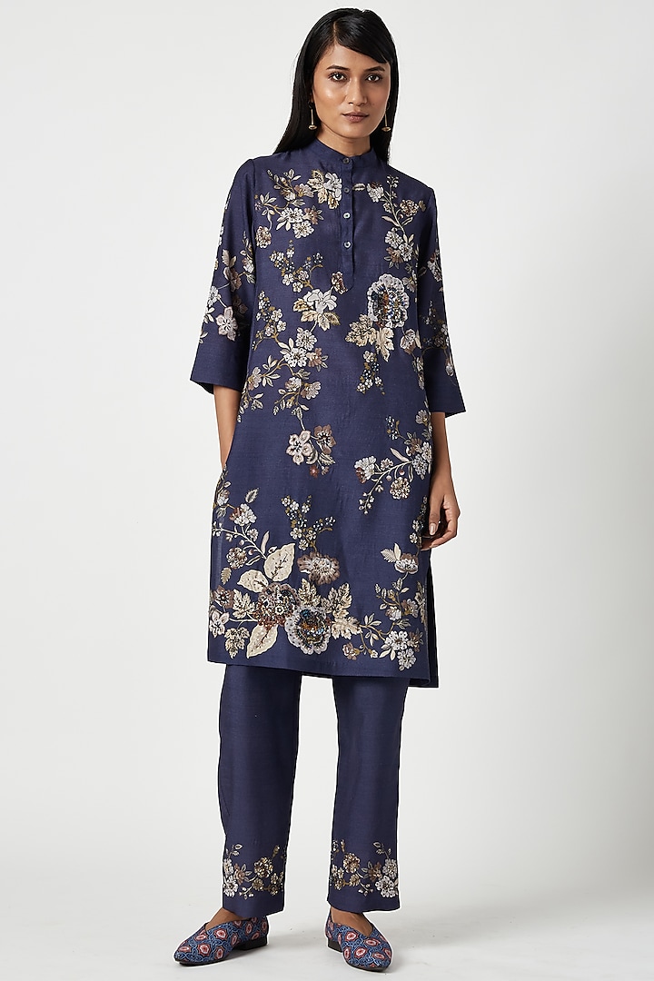 Navy Blue Silk Printed & Embroidered Kurta Set by Payal Pratap