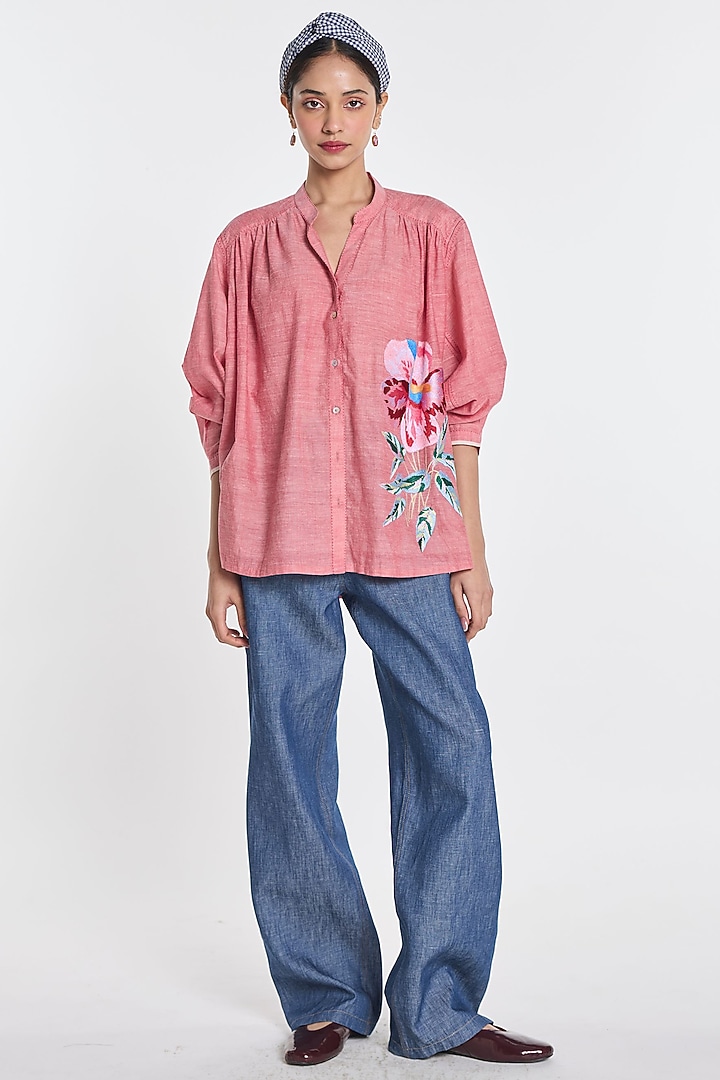 Blush Pink Handloom Cotton Floral Embroidered Shirt by Payal Pratap at Pernia's Pop Up Shop