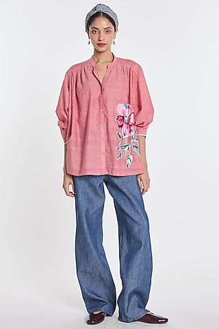 Blush Pink Handloom Cotton Floral Embroidered Shirt by Payal Pratap
