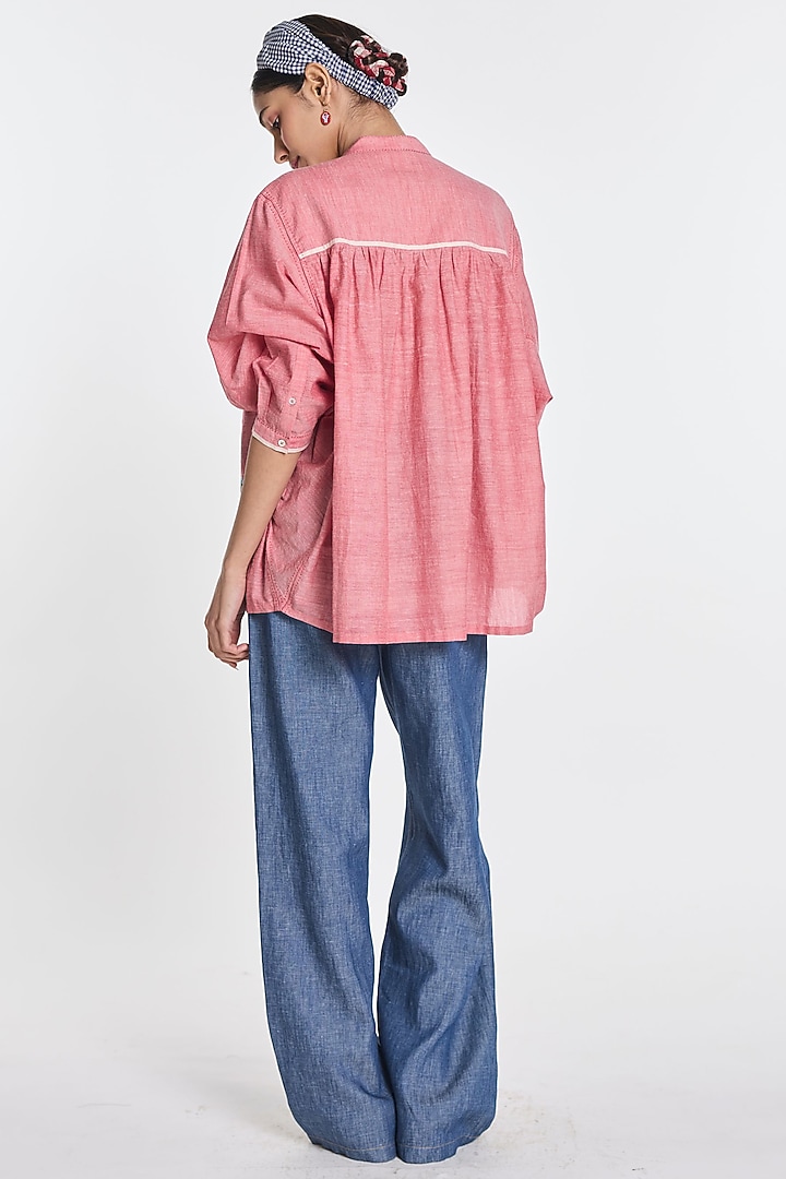 Blush Pink Handloom Cotton Floral Embroidered Shirt by Payal Pratap at Pernia's Pop Up Shop