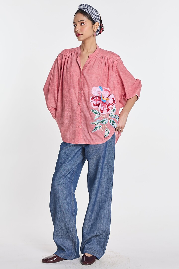 Blush Pink Handloom Cotton Floral Embroidered Shirt by Payal Pratap at Pernia's Pop Up Shop