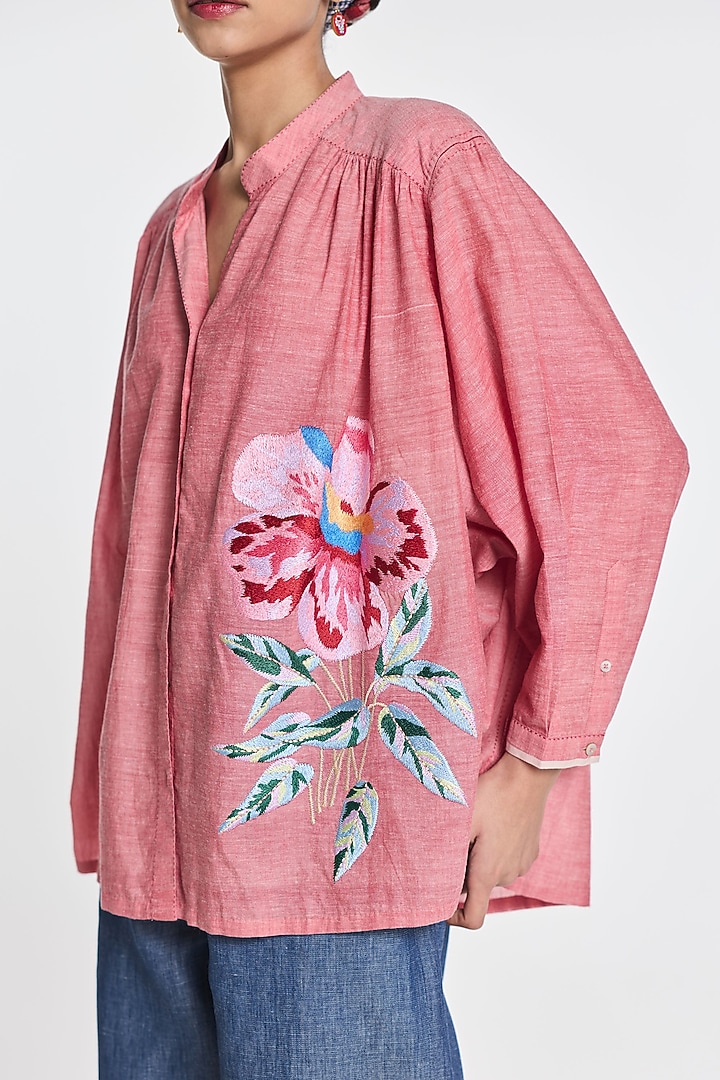 Blush Pink Handloom Cotton Floral Embroidered Shirt by Payal Pratap at Pernia's Pop Up Shop