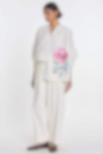 Ivory Handloom Cotton Floral Embroidered Shirt by Payal Pratap at Pernia's Pop Up Shop