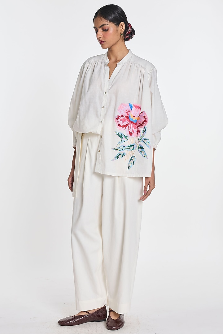 Ivory Handloom Cotton Floral Embroidered Shirt by Payal Pratap at Pernia's Pop Up Shop