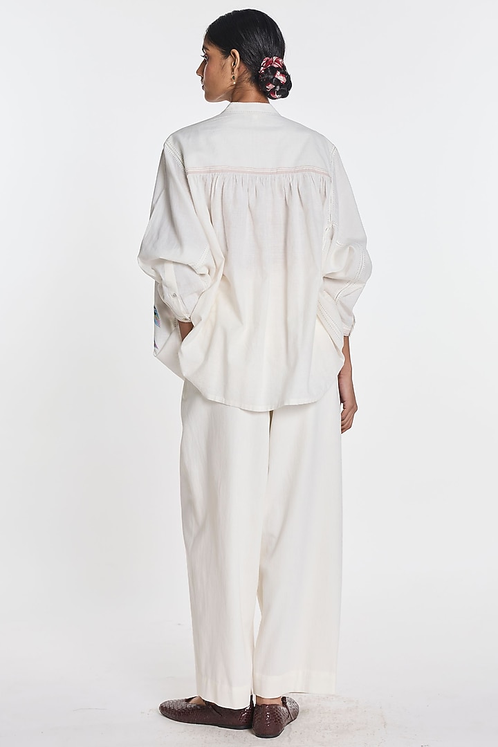 Ivory Handloom Cotton Floral Embroidered Shirt by Payal Pratap at Pernia's Pop Up Shop