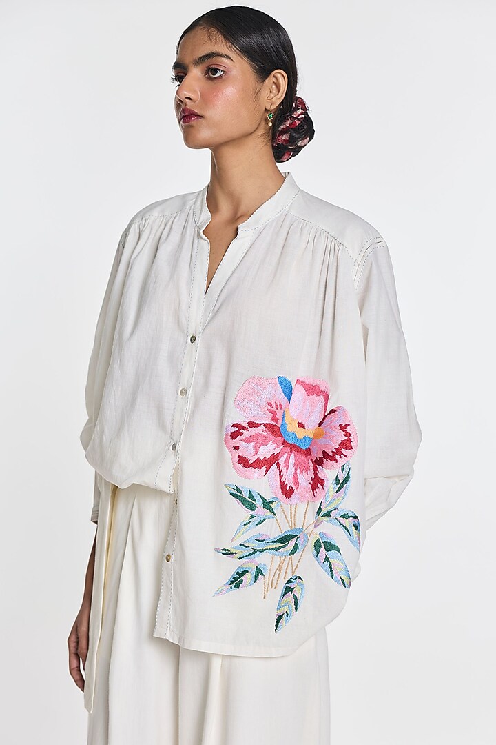 Ivory Handloom Cotton Floral Embroidered Shirt by Payal Pratap at Pernia's Pop Up Shop