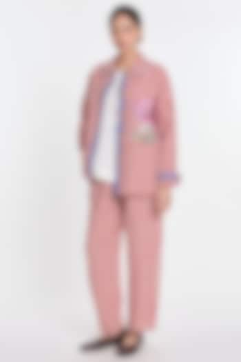 Red Handloom Cotton Linen Floral Embroidered Jacket by Payal Pratap at Pernia's Pop Up Shop