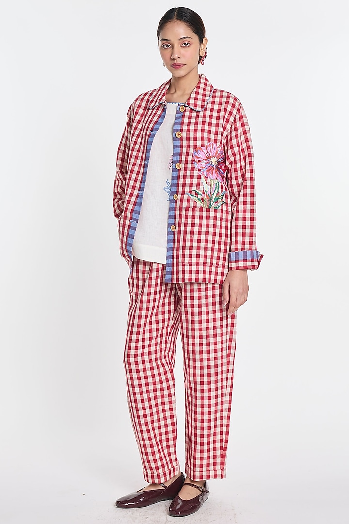 Red Handloom Cotton Linen Floral Embroidered Jacket by Payal Pratap at Pernia's Pop Up Shop