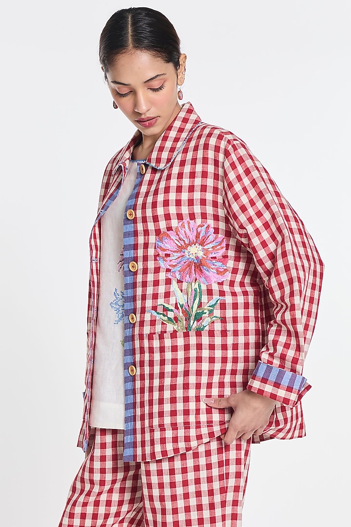 Red Handloom Cotton Linen Floral Embroidered Jacket by Payal Pratap at Pernia's Pop Up Shop