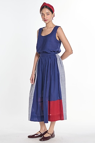 Navy Handloom Cotton Midi Skirt by Payal Pratap