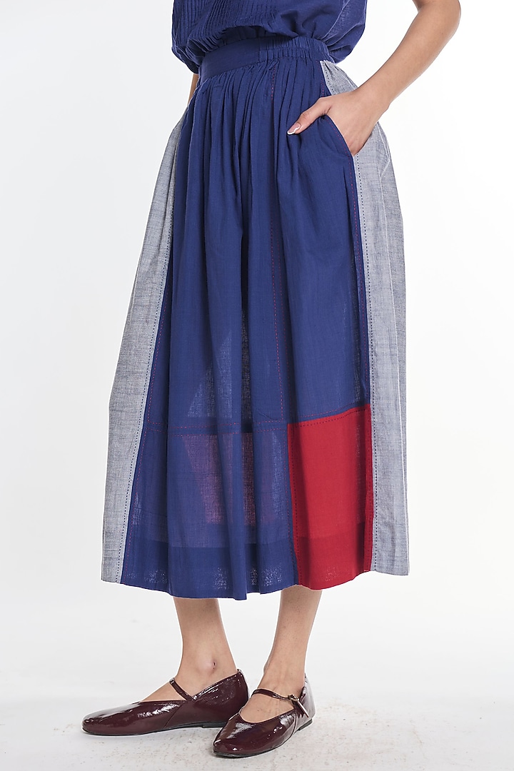Navy Handloom Cotton Midi Skirt by Payal Pratap at Pernia's Pop Up Shop