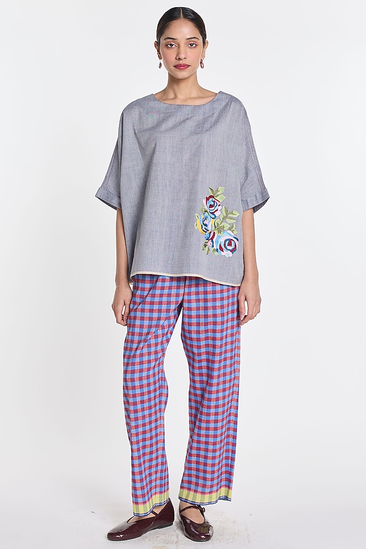 Ivory Handloom Cotton Floral Embroidered Top by Payal Pratap at Pernia's Pop Up Shop