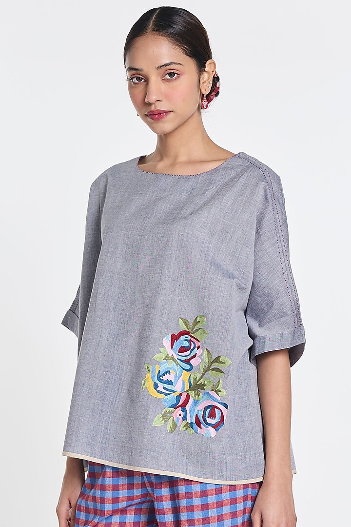 Ivory Handloom Cotton Floral Embroidered Top by Payal Pratap at Pernia's Pop Up Shop