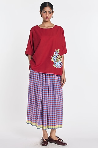Crimson Handloom Cotton Floral Embroidered Top by Payal Pratap