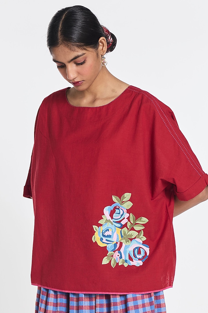 Crimson Handloom Cotton Floral Embroidered Top by Payal Pratap at Pernia's Pop Up Shop