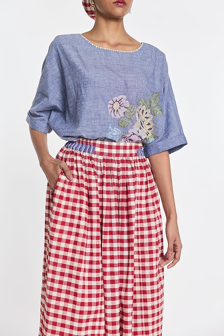 Red Handloom Cotton Linen Midi Skirt by Payal Pratap at Pernia's Pop Up Shop