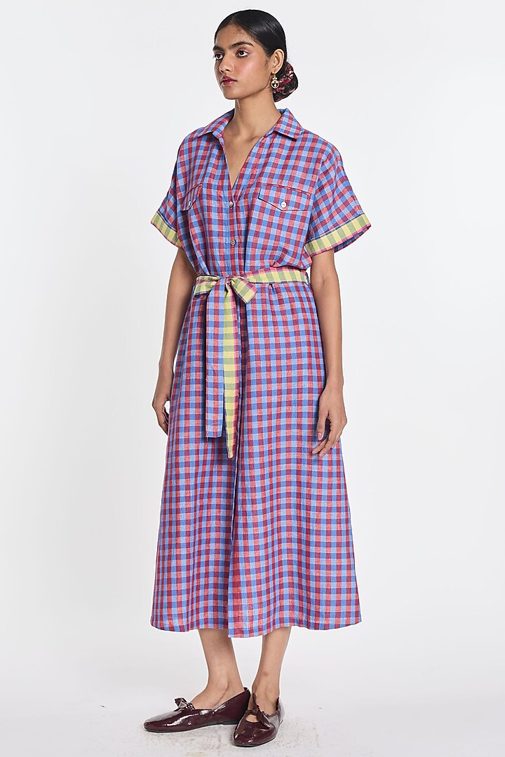 Mauve Handloom Cotton Linen Checkered Vacation Shirt Dress by Payal Pratap at Pernia's Pop Up Shop