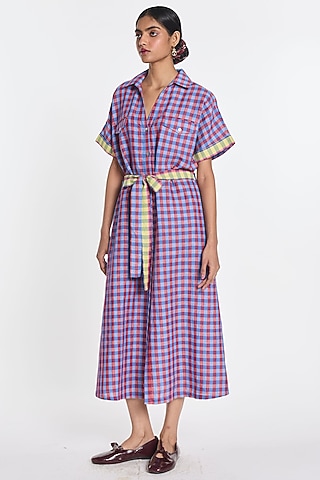 Mauve Handloom Cotton Linen Checkered Shirt Dress by Payal Pratap