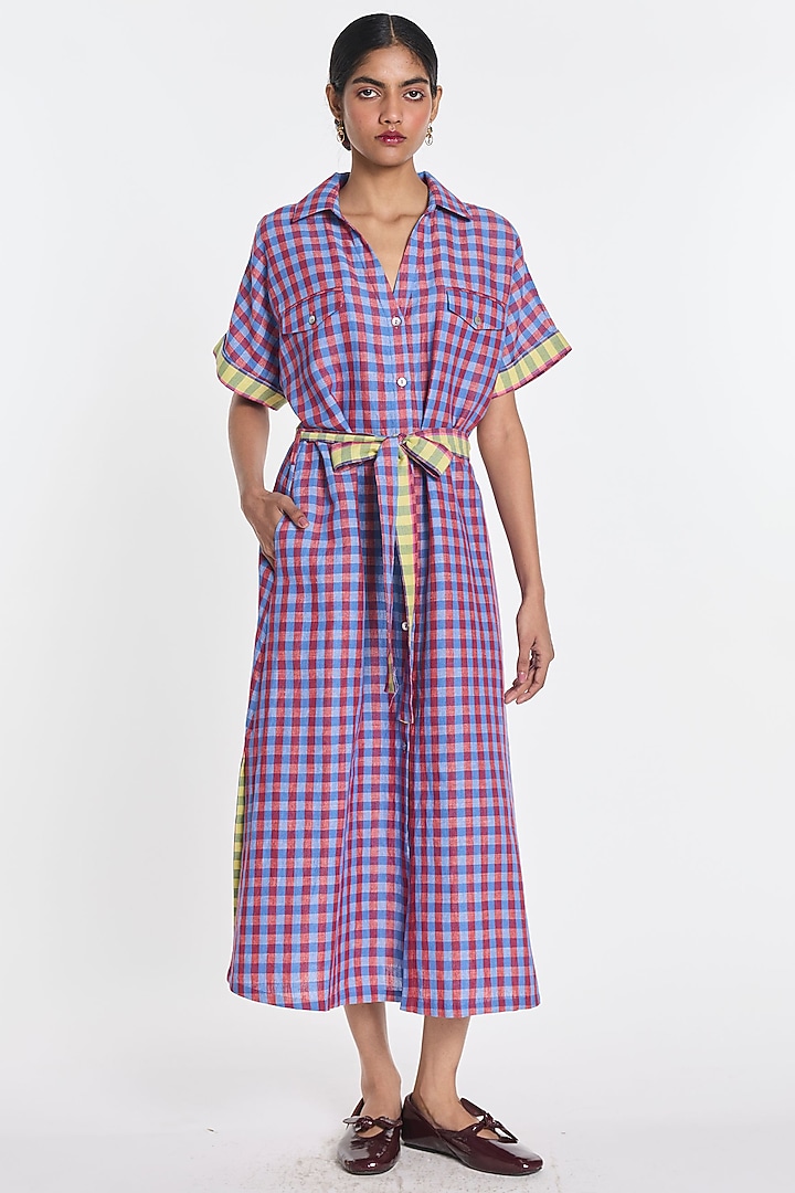 Mauve Handloom Cotton Linen Checkered Vacation Shirt Dress by Payal Pratap at Pernia's Pop Up Shop