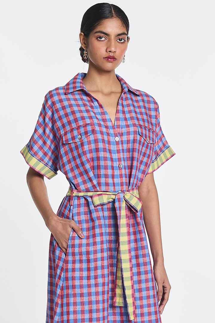 Mauve Handloom Cotton Linen Checkered Vacation Shirt Dress by Payal Pratap at Pernia's Pop Up Shop